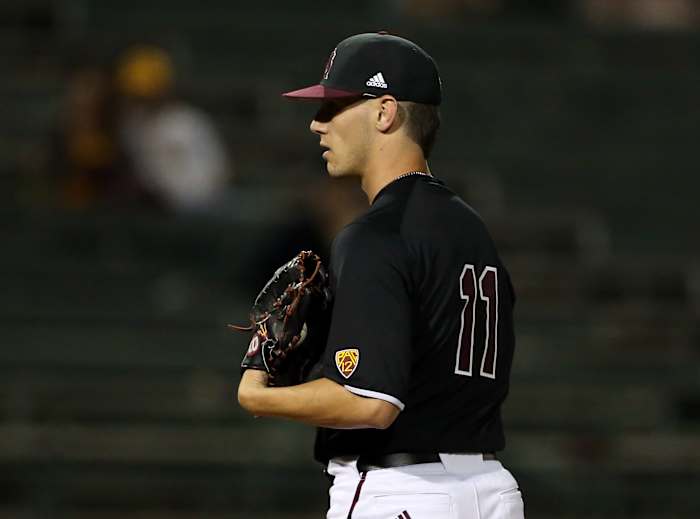 SF Giants pitching prospect RJ Dabovich looks towards the plate while he was playing for Arizona State.